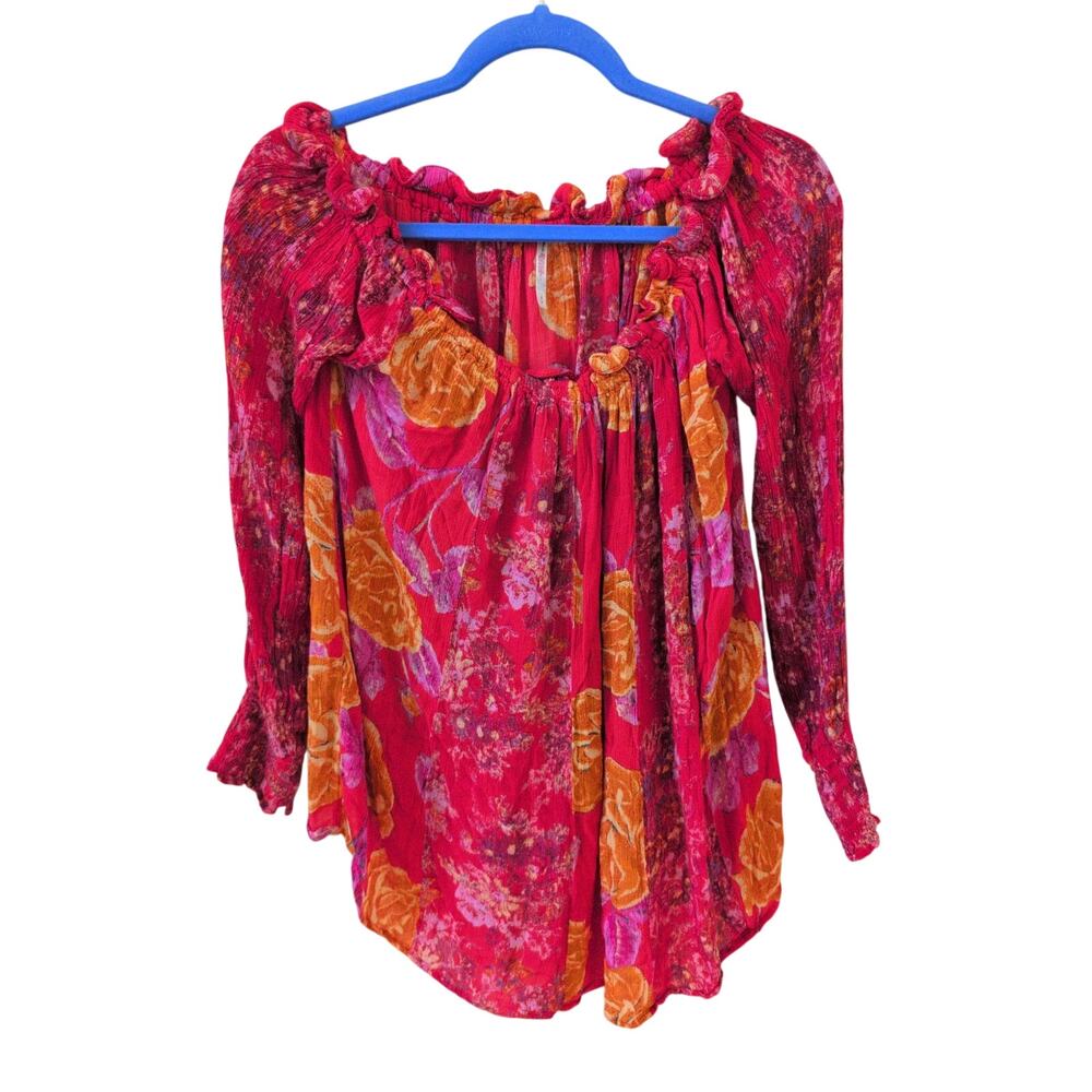 Free People Off the Shoulder Mixed Media Floral Top with Smocked Cuffs size S
